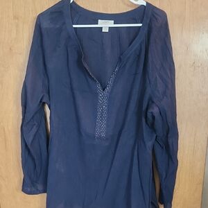 Loft Navy Blue Embellished Neck Gauze Tunic Top
